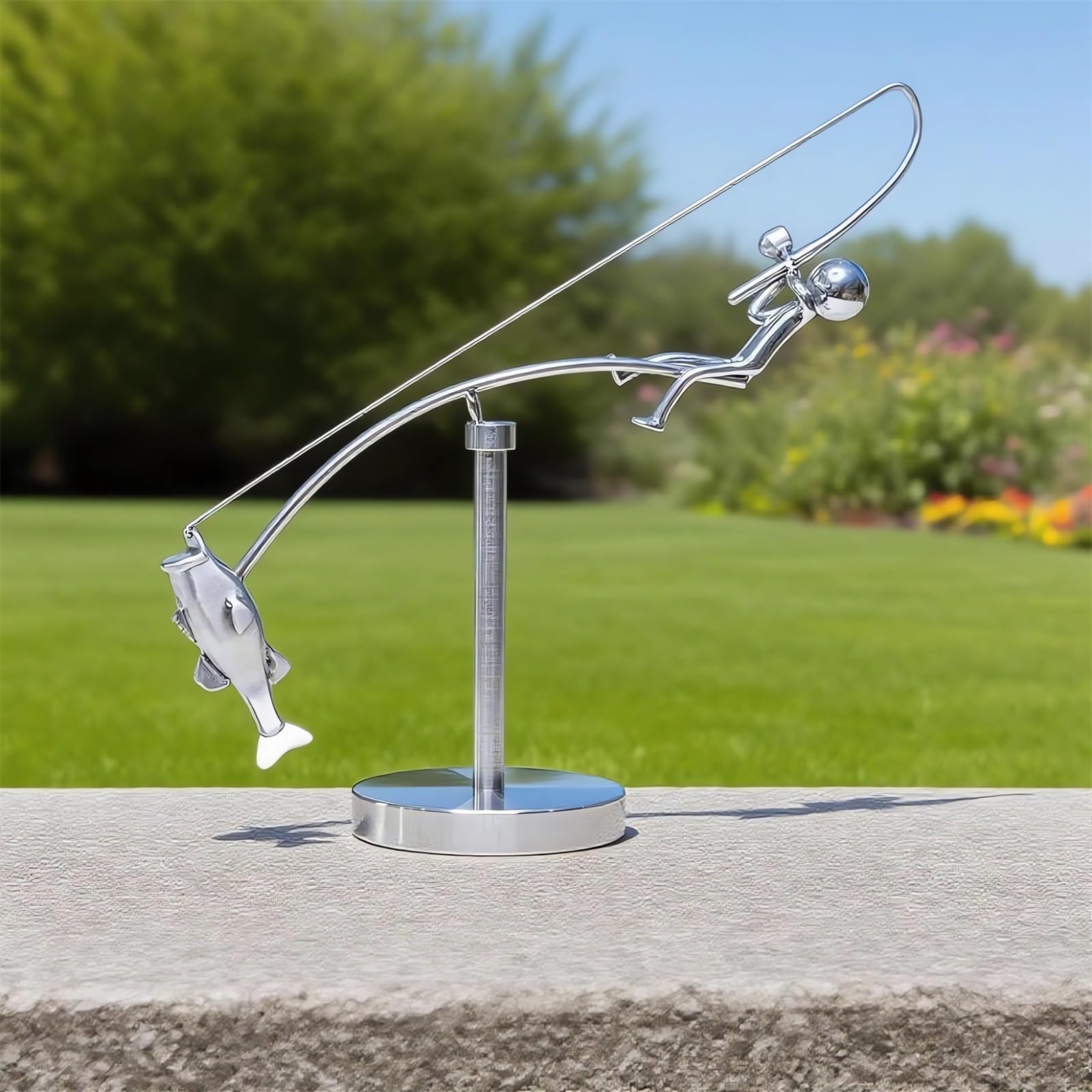 Sculpture Cinétique En Métal - Pêcheur En équilibre - Décoration De Bureau Ou D'intérieur - 25x6x12 Cm