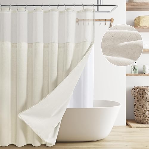 BOODII Juego de cortina de ducha de lino beige con forro, juego de cortina de ducha índigo, cortina de baño de eucalipto azul marino, bohemio, tela