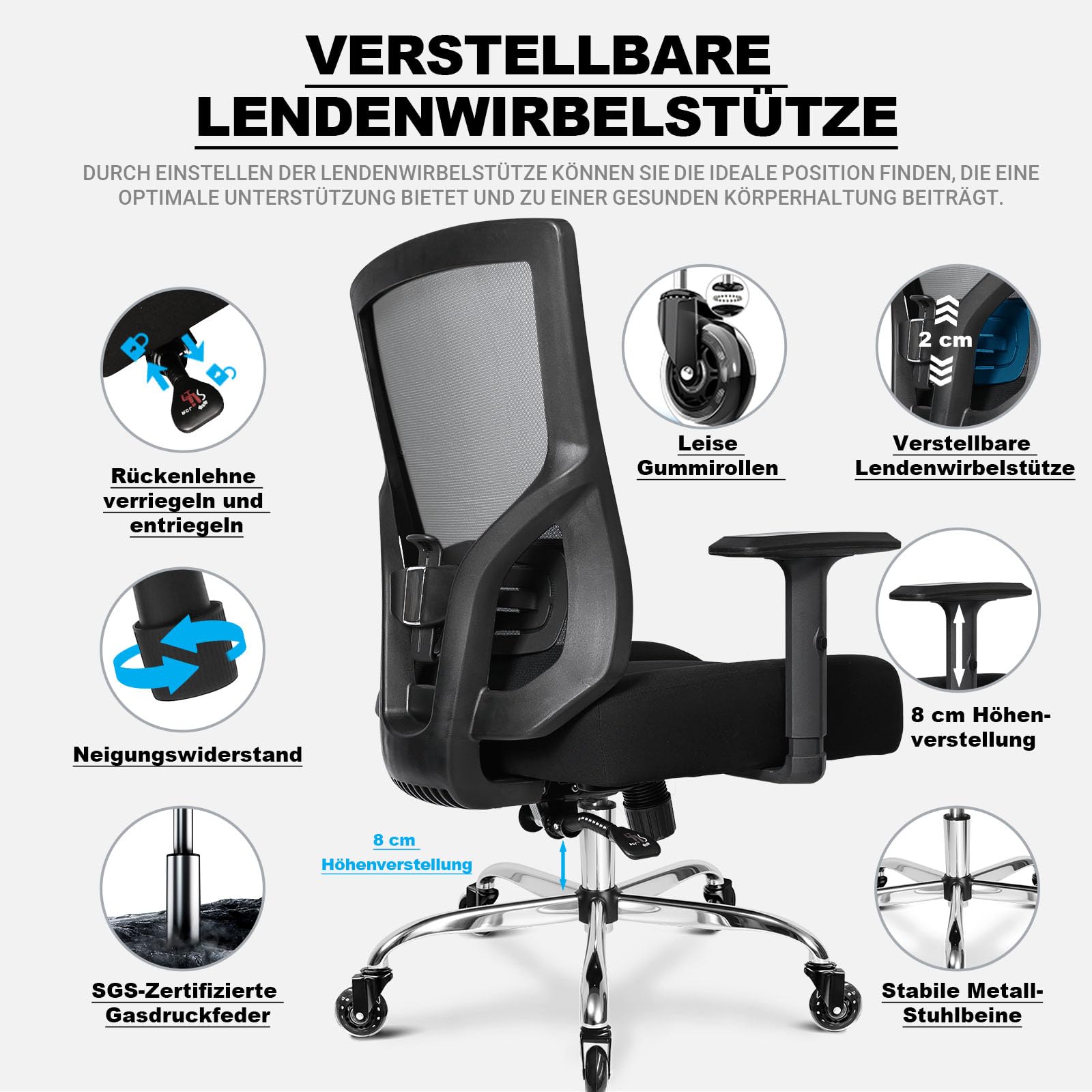 MELOKEA Bürostuhl 200KG XL [Lendenkissen Inklusive], Bürostuhl Ergonomisch | Breites & Dickes Federkern-Sitzkissen, Gummirollen,Verstellbare Lendenwirbelstütze, Stufenlose Neigungsfunktion, Home Office