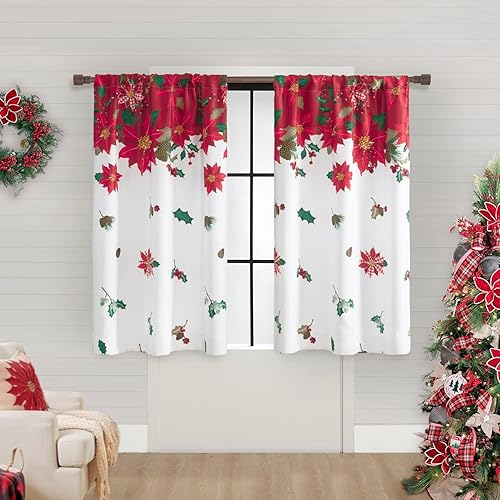 Miniatura 3 de SHINELAND Cortinas de cocina de Navidad, flor de pascua roja, cortina térmica corta para ventanas pequeñas, cortinas de Navidad para cocina, 45