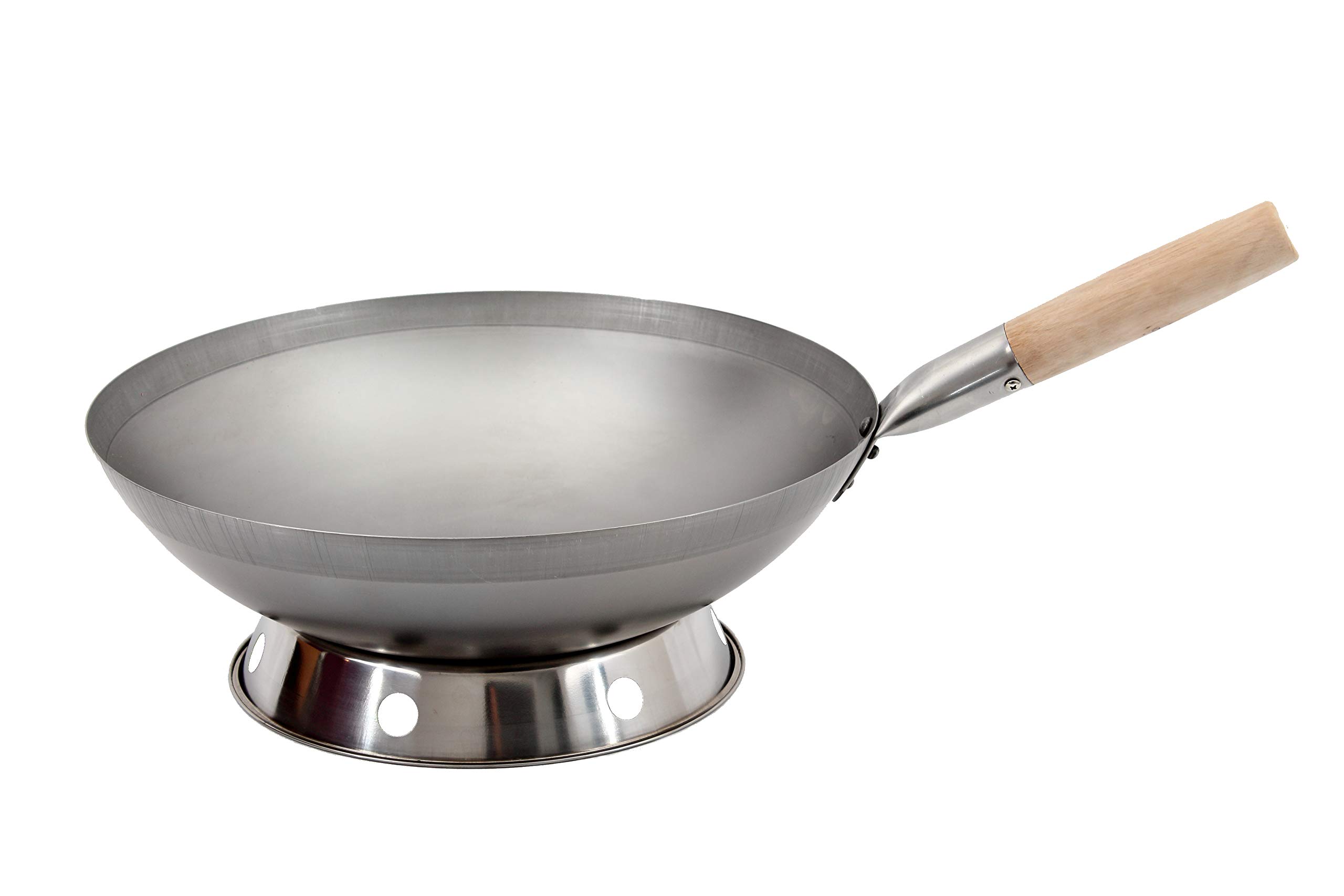 Wok Set, Pfanne 36 cm Ø runder Boden Carbon Stahl für Gasherd und Induktion Mulde + Wok Kelle Edelstahl 44 cm lang mit Holzgriff + Wok Ring
