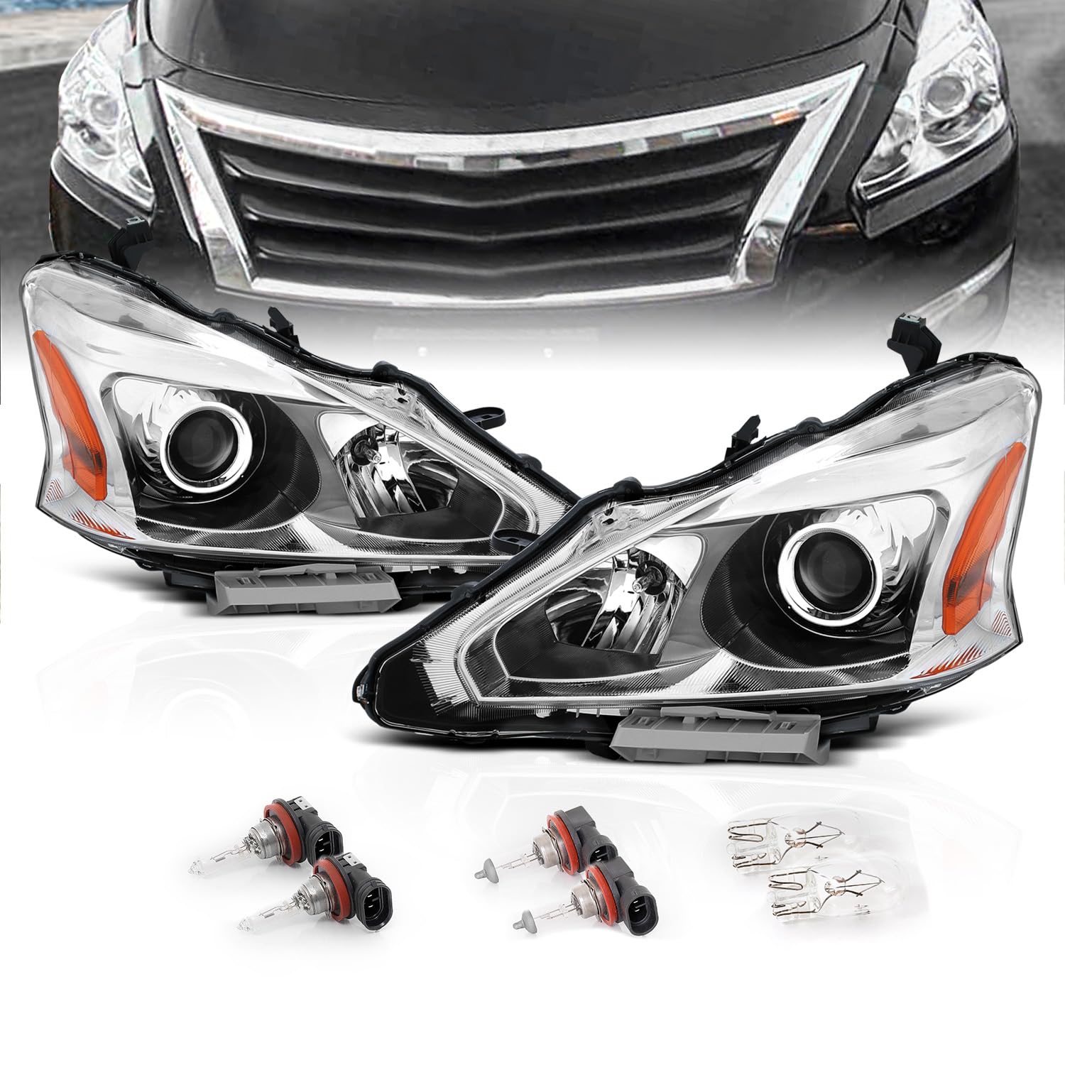 AmeriLite for 2013-2015 Altima 4Dr Sedan Projector Chrome Housing Halogen Replacement Headlights Assembly Pair - Driver and Passenger Side