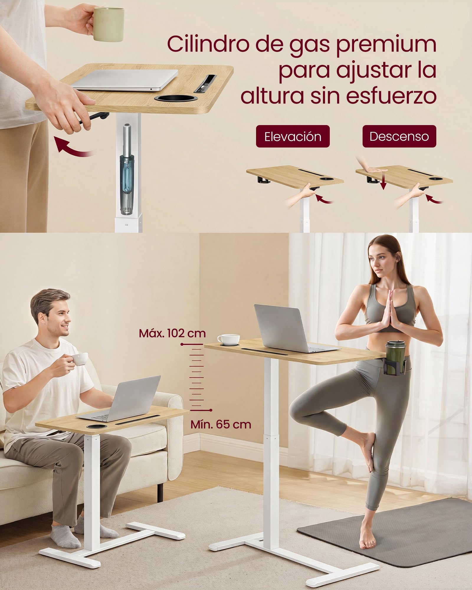 VASAGLE Escritorio con Ruedas, Mesa Auxiliar, Tablero de 70 x 40 cm, Altura Ajustable, 2 Portavasos, Ranura para Teléfono Móvil o Tableta, Roble Dorado y Blanco Mate LSD600YA01