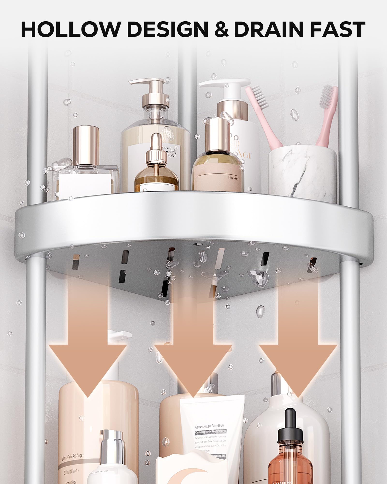 Nieifi Narożny stojak prysznicowy - 4-poziomowy nierdzewny anodowany aluminiowy stojący organizer prysznicowy, narożnik prysznicowy, podwójna stabilność, zapobiega wstrząsom, regulowana wysokość nóg