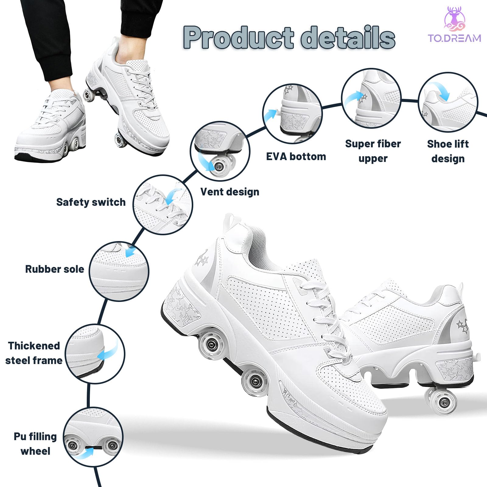 Outdoor Rollschuhe, Verstellbare Rollerskates für Damen, Quad-Skates-Deformationstrainer für Erwachsene, Turnschuhe mit Unsichtbarem Rad für Anfänger