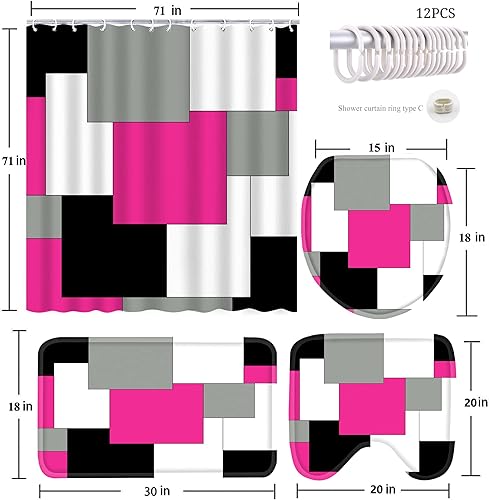 Miniatura 7 de Juego de 4 piezas de baño rojo con cortina de ducha y alfombras, juego de cortina de ducha geométrica con alfombras antideslizantes, cubierta para