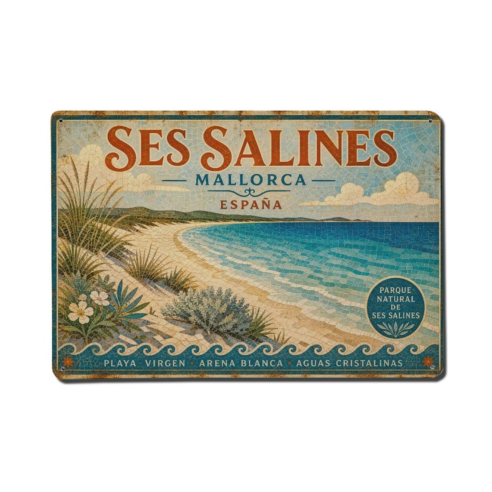 Vintage Travel Ses Salines Beach Mallorca Natural Park Metal Tin Sign
