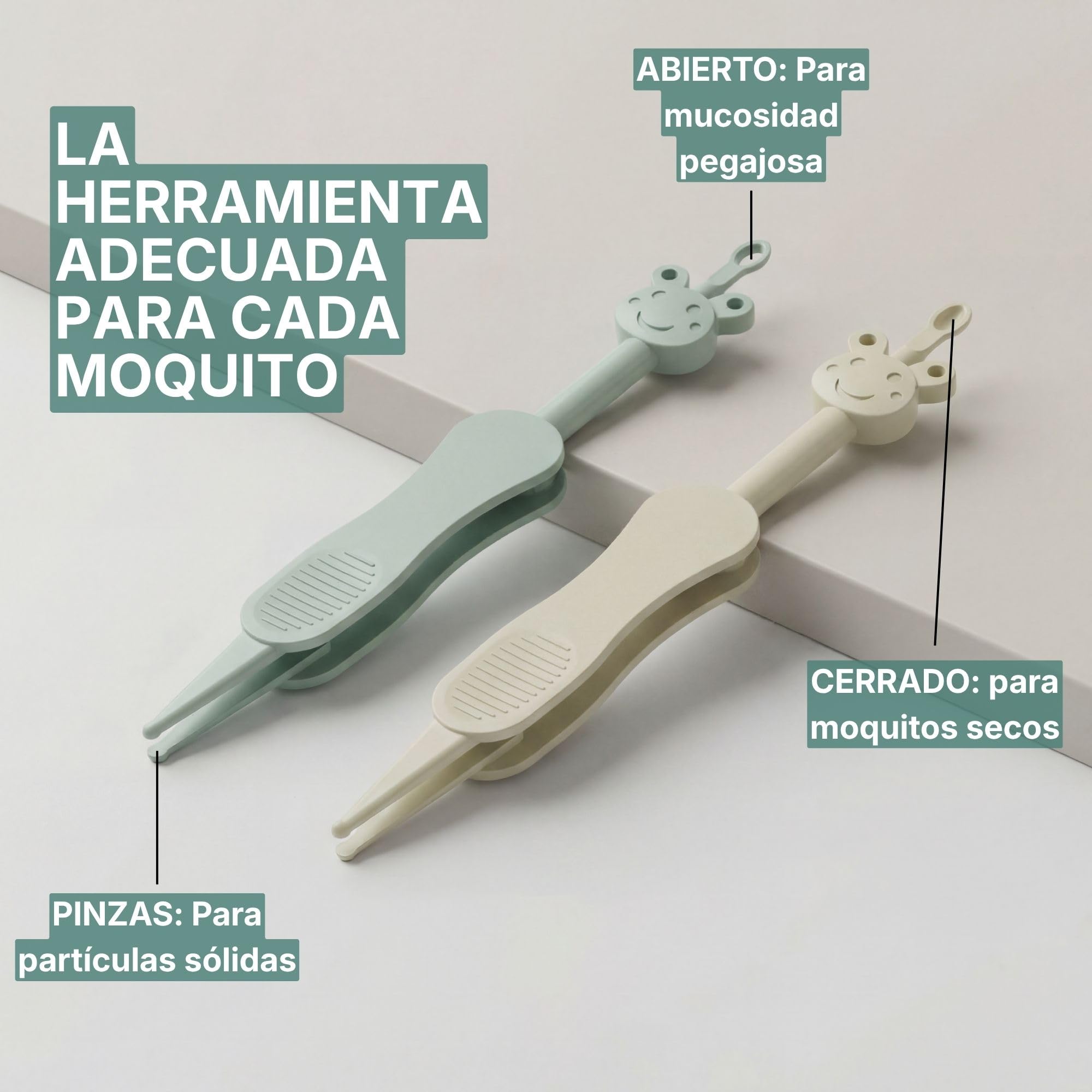 Limpiador de nariz y oídos para bebés con pinzas - Alternativa 3 en 1 al aspirador nasal - Sin BPA - Verde/Beige