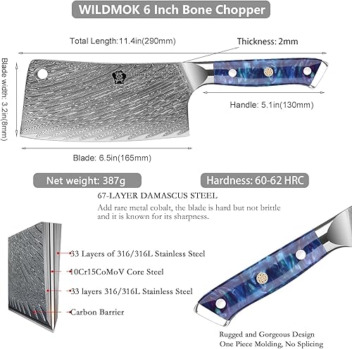 Miniatura 2 de WILDMOK Cuchillo de carnicero profesional de 7 pulgadas, cuchillo de carnicero de acero de damasco, cuchillo de cocina de carnicero resistente,