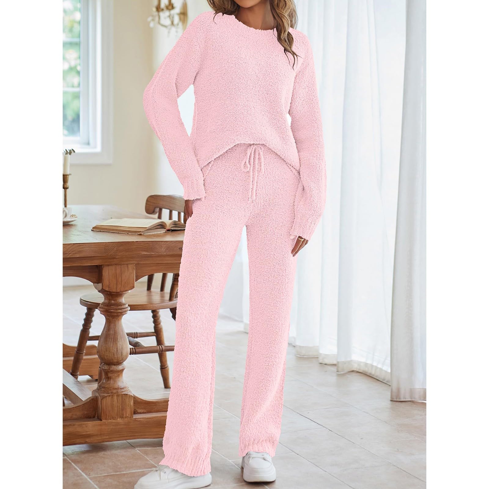 Damen Zweiteiler Flauschiges Fleece Langarm 2-Teiliges Loungewear-Outfits Pullover Hosen Pyjama-Sets Sport Set Yoga Bekleidung Hosenanzug Festlich Sommer Sachen Teenager Mädchen Ballkleider Lang