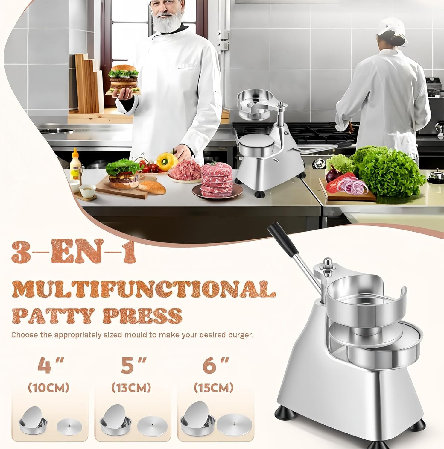 Burger Patty Maker aus Edelstahl, Hamburgerpresse mit 1200 Patty Papers, ideal für Rind, Schwein, Huhn und Fisch Patties, einfach zu bedienen und zu reinigen