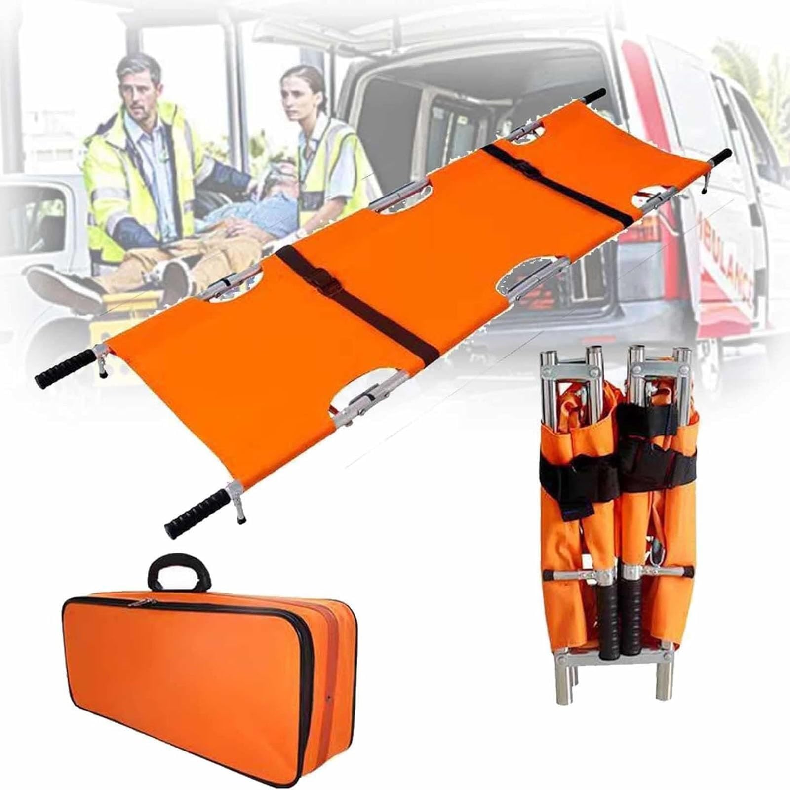 SGKOMN Folding Stretcher, Aluminium Medical Emergency Stretcher with Heavy Duty Handles and Portable Carrying Case, for EMT Backboard Ambulance Secure Patient Transport, 205 * 55 * 13cm