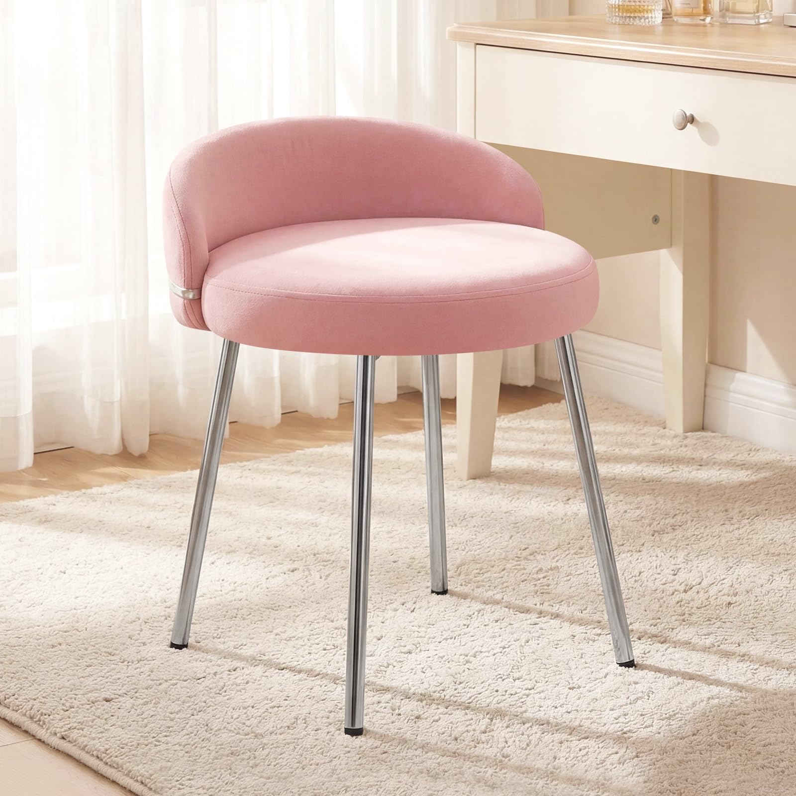Hellove Cute Schminktisch Hocker, Kleiner Samt Schminkstuhl Armloser mit gewölbter Sitzfläche & Silber Metallbeinen, Sitzhocker Fußhocker Makeup-Hocker Stool für Schlafzimmer Wohnzimmer, Rosa