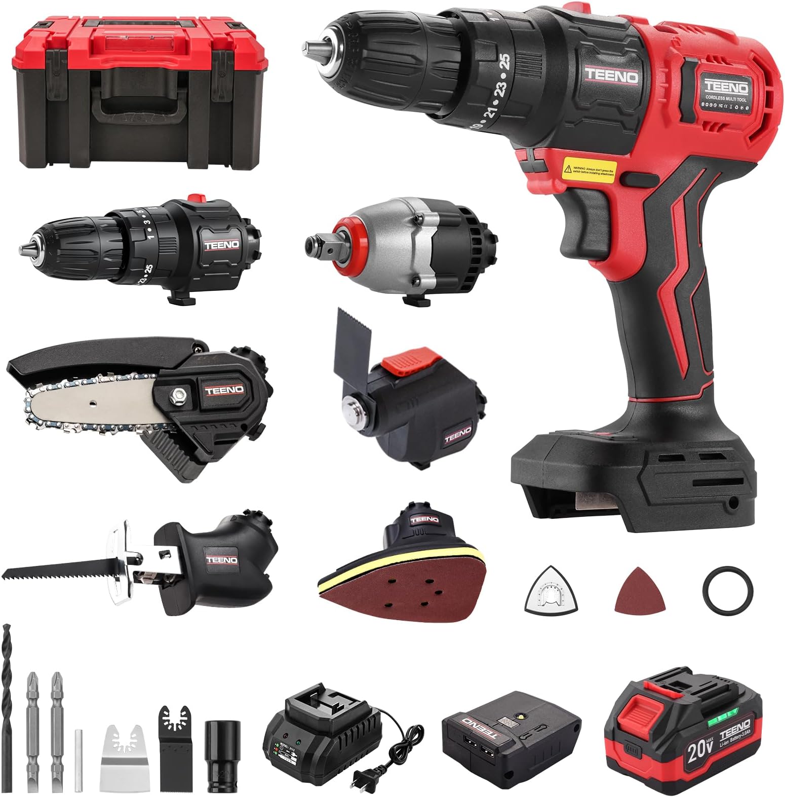 Brushless Power Tool Combo Kit, 6-in-1 Cordless Interchangeable Multi-Tool Set (Drill, Impact Wrench, Oscillating Tool, Reciprocating & Chain Saws, Sander), 3Ah Battery, USB Adapter & Hard Case