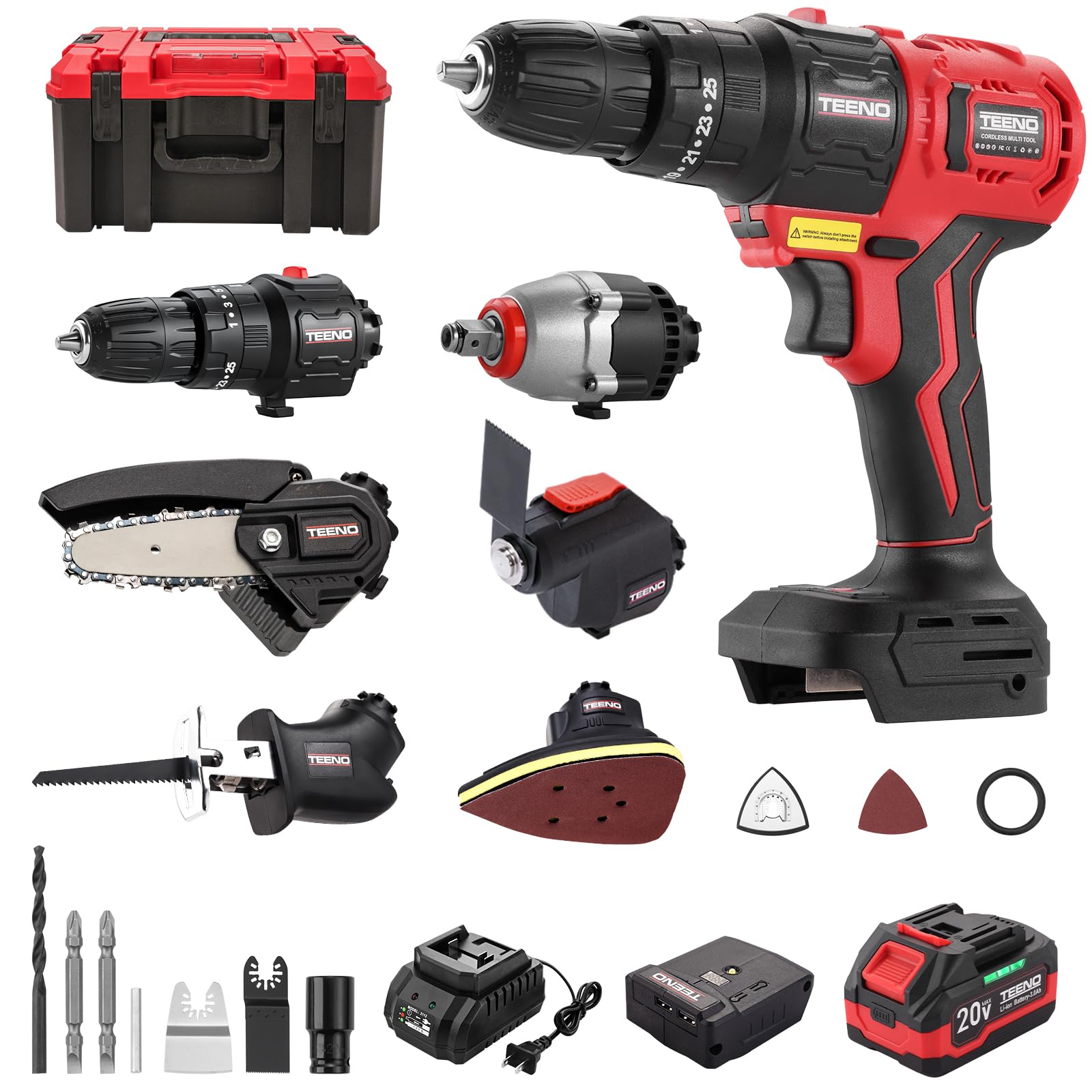 TEENO 20V Brushless Power Tool Combo Kit, 6-in-1 Cordless Interchangeable Multi-Tool Set (Drill, Impact Wrench, Oscillating Tool, Chain & Reciprocating Saw, Sander) with USB Adapter & Tool Box
