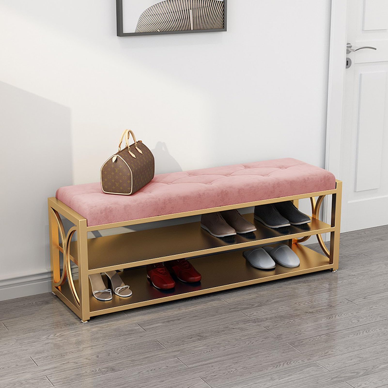 KLGFBDC Entryway Bench Shoe Rack, Upholstered Storage Bench with Golden Shelf, Velvet Shoe Storage for Hallway