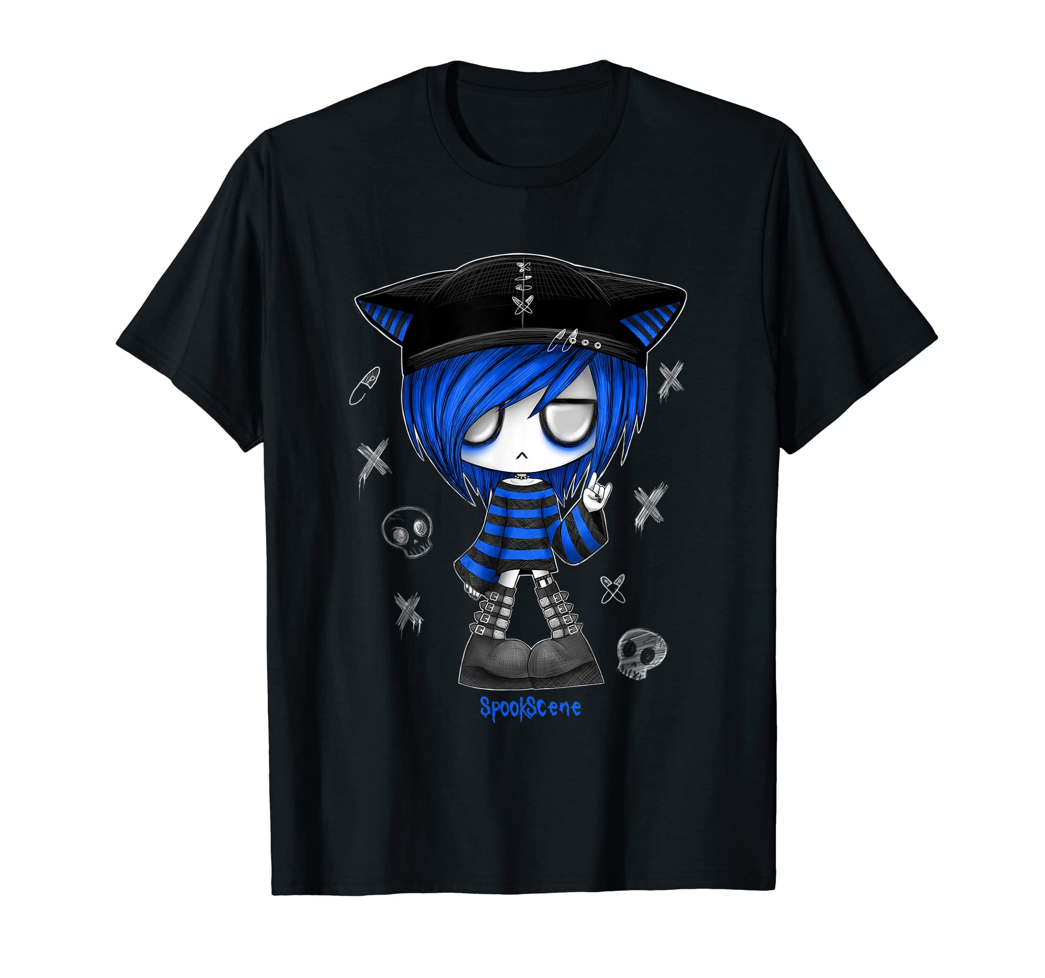 Edgy Kitty Hat Scene Kid Emo Alt Goth Blue T-Shirt