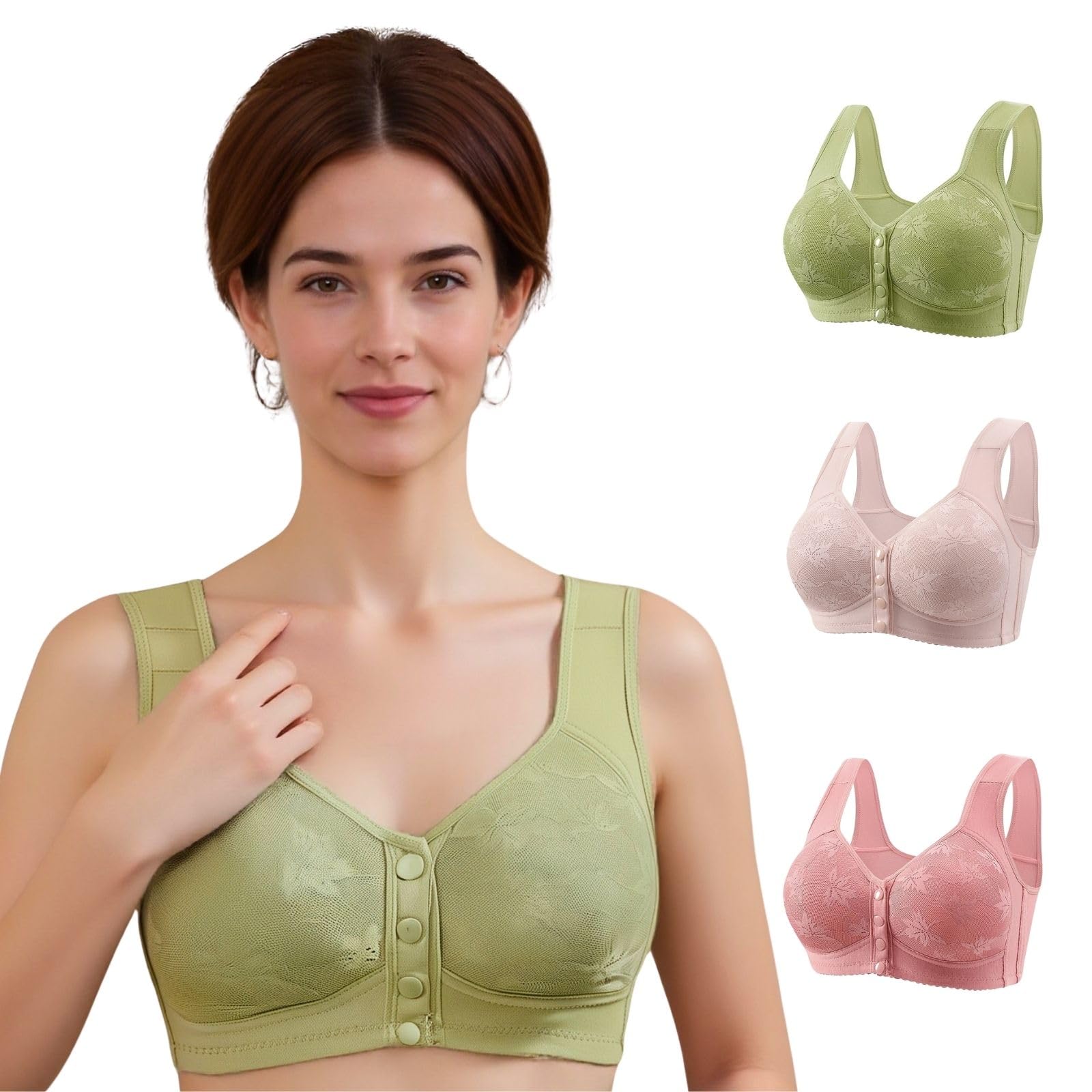 Front Closure Bras for Women 3 Pack No Underwire Front Snap Push Up Daisy Bras Full Coverage Upgraded Cotton Bralette