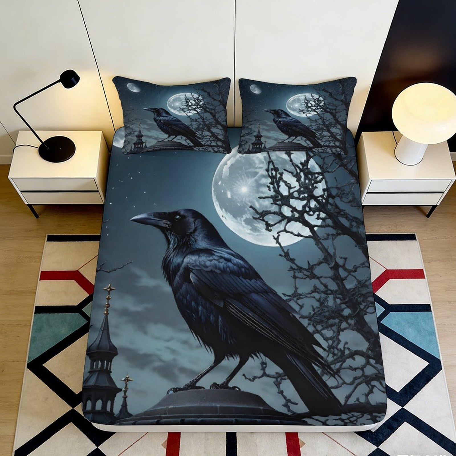3D Printed Raven Moon Night Fitted Sheet Microfiber Soft Non-Slip Gothic Bed Cover for Bedroom Dorm Decor 160x200x25cm