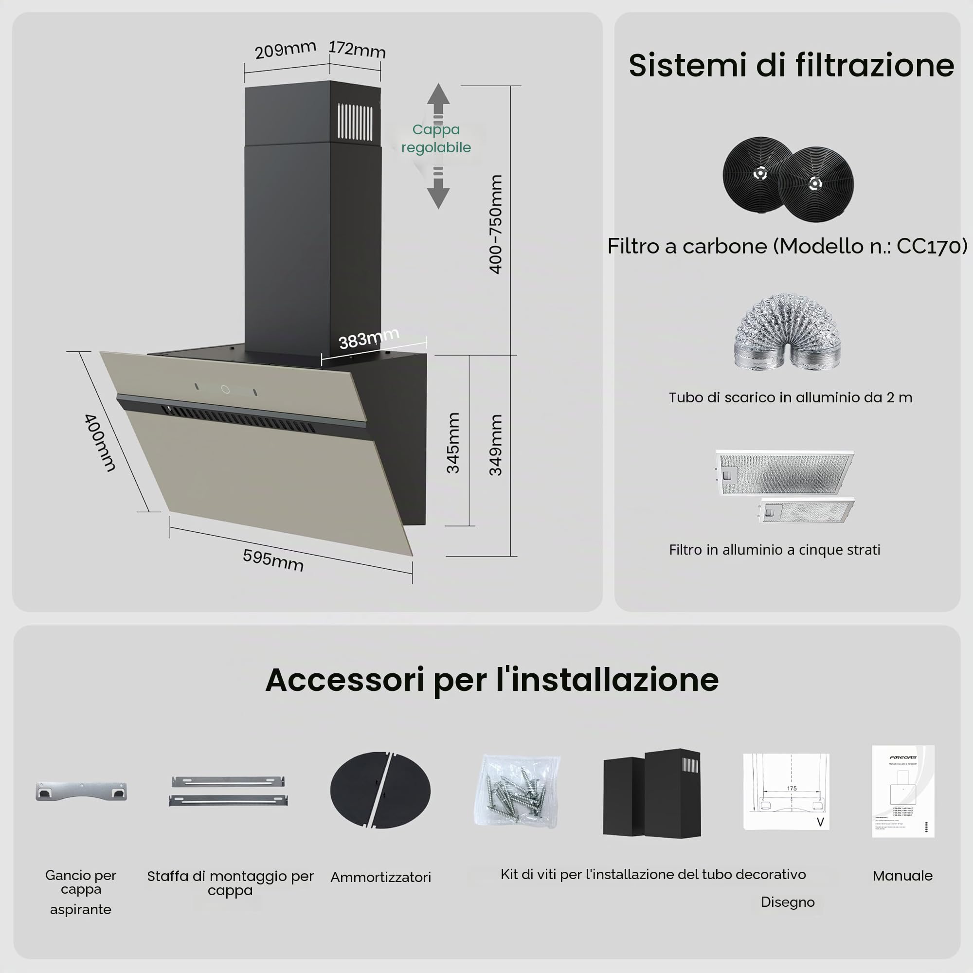 FIREGAS Classe A+++ Cappa Aspirante Inclinata 60cm, 684 m³/h, 9 Velocità, Controllo Touch e a Gesti, Ricircolo ed Estrazione, Cappa Cucina con Filtro a Carbone, Grigio