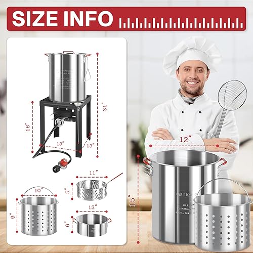 Miniatura 9 de Freidora al Aire Libre de 30QT y 10QT Freidora de Pavo Olla para Hervir Mariscos Incluye Tapa y Escumador Quemador de Propano de 50,000BTU