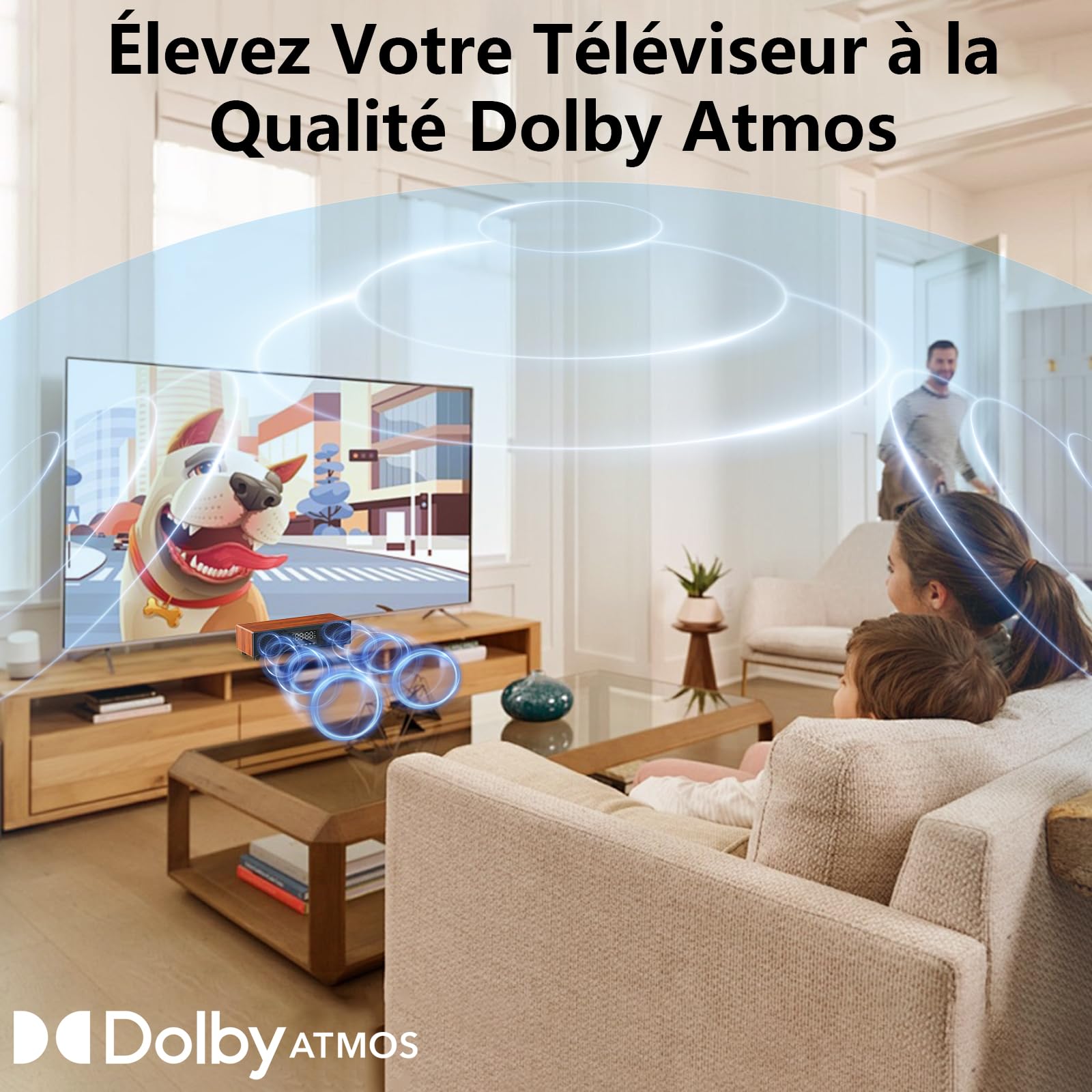 JYX Soundbar con due microfoni wireless, sistema audio home cinema con Bluetooth, display LED, sveglia, telecomando, effetto legno, per karaoke e TV