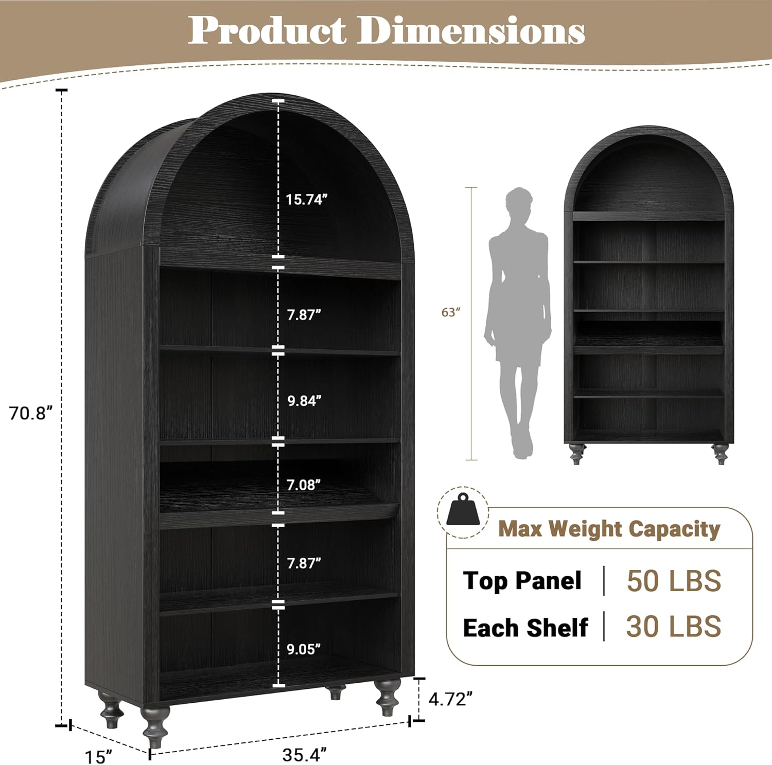 6-Tier Arched Bookshelf with LED Sensor Lights, Arch Open Bookcase 71" Tall x 35.4" Wide, Thick Wooden Display Cabinet for Collection's Books, Living Room, Office, Kitchen Pantry Display Shelf (Black)