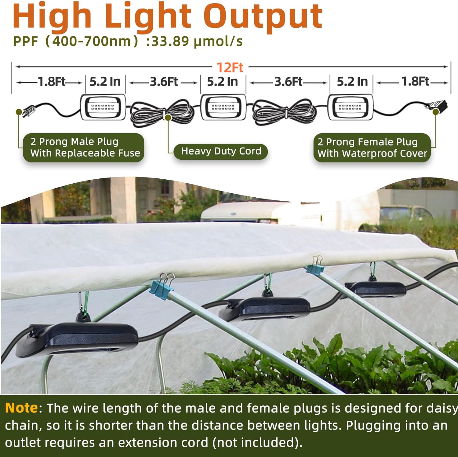 Owleye 12FT Outdoor Grow Lights LED String Plant Light, IP65 Waterproof, Full Spectrum, 120V, ETL Listed, 33.89 umol/s, Linkable Grow Light for Greenhouse & Outdoor Garden & Raised Bed (3-Bulbs)