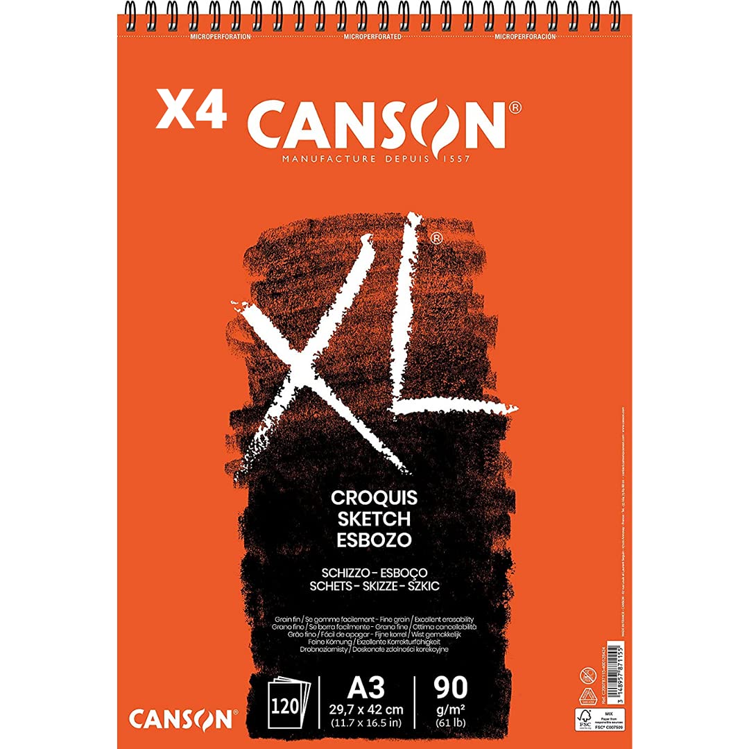 Pack 4 - Álbum Espiral Microperforado, A3, 120 Hojas, Canson XL Croquis, Grano Fino 90g