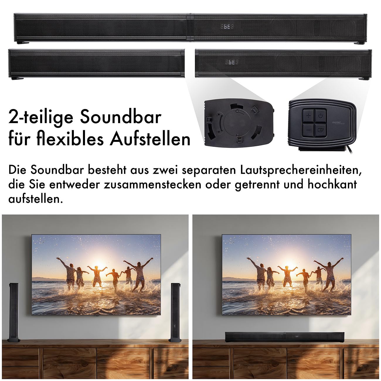 auvisio Soundbar 2.2 separabile per TV con Dual-Subwoofer, Bluetooth 5.3, HDMI ARC/eARC/CEC, USB MP3