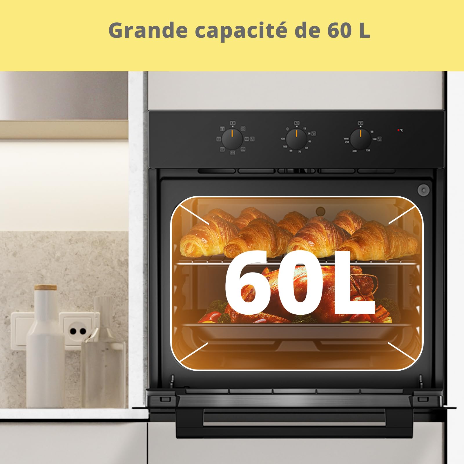 Comfee' CBO60M80M1-BK Four encastrable 60 cm 60 litres 8 fonctions frire à air cuisson plusieurs phases porte amovible nettoyage vapeur Noir