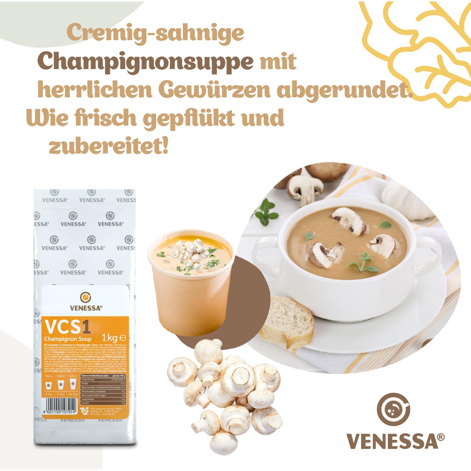 VENESSA VCS 1 zupa pieczarkowa 20 x 1 kg – korzystne opakowanie – kremowa zupa grzybowa wyrafinowana, zaokrąglona z przyprawami do automatów – zupa automatowa – do gastronomii