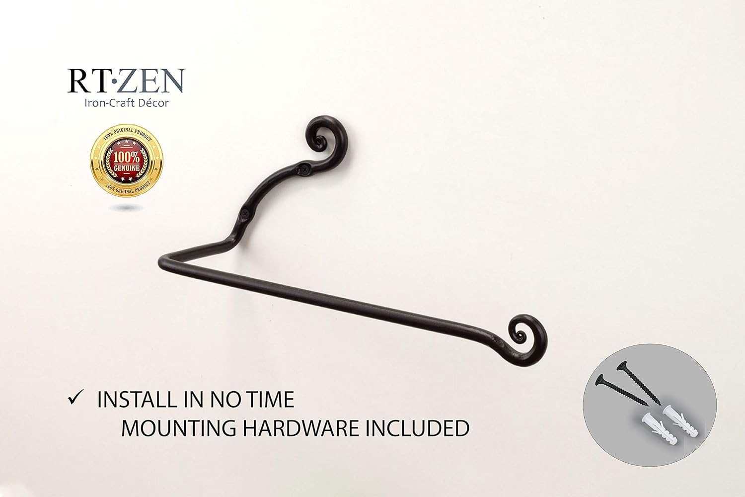 RTZEN Horizontal Black Paper Towel Holder - Handcrafted Rustic Metal Decorative Wrought Iron Decor - Farmhouse Wall Mount Paper Towel Holder for Kitchen or Bathroom