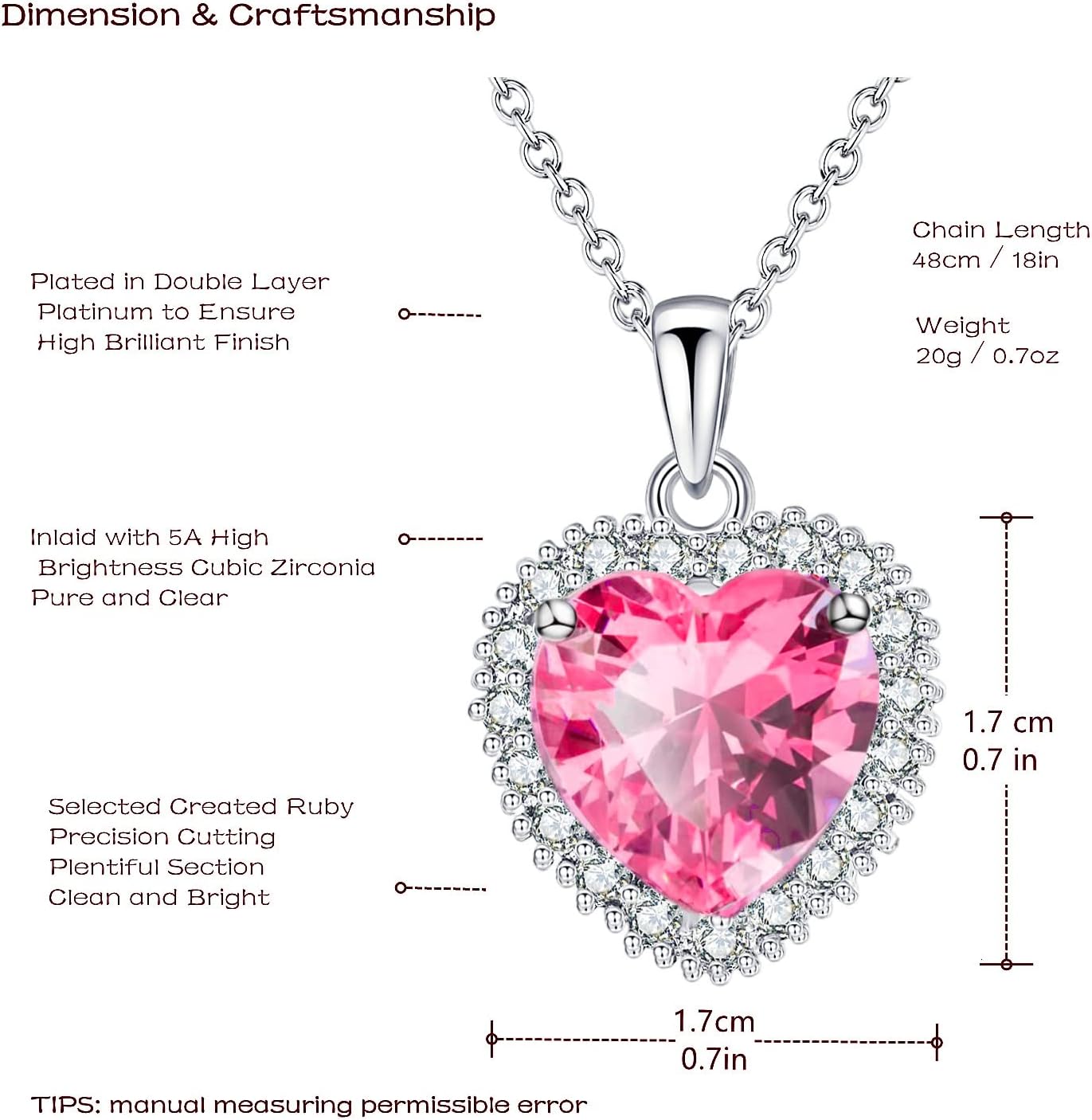 VONSSY Classic Heart Pendant Gemstone Necklace | Crystal Cubic Zirconia Birthstone Ruby Emerald Sapphire Necklace| 18K Platinum Gold Plated Chain | Vintage Meaningful Jewelry Gift for Mother Wife - Image 5