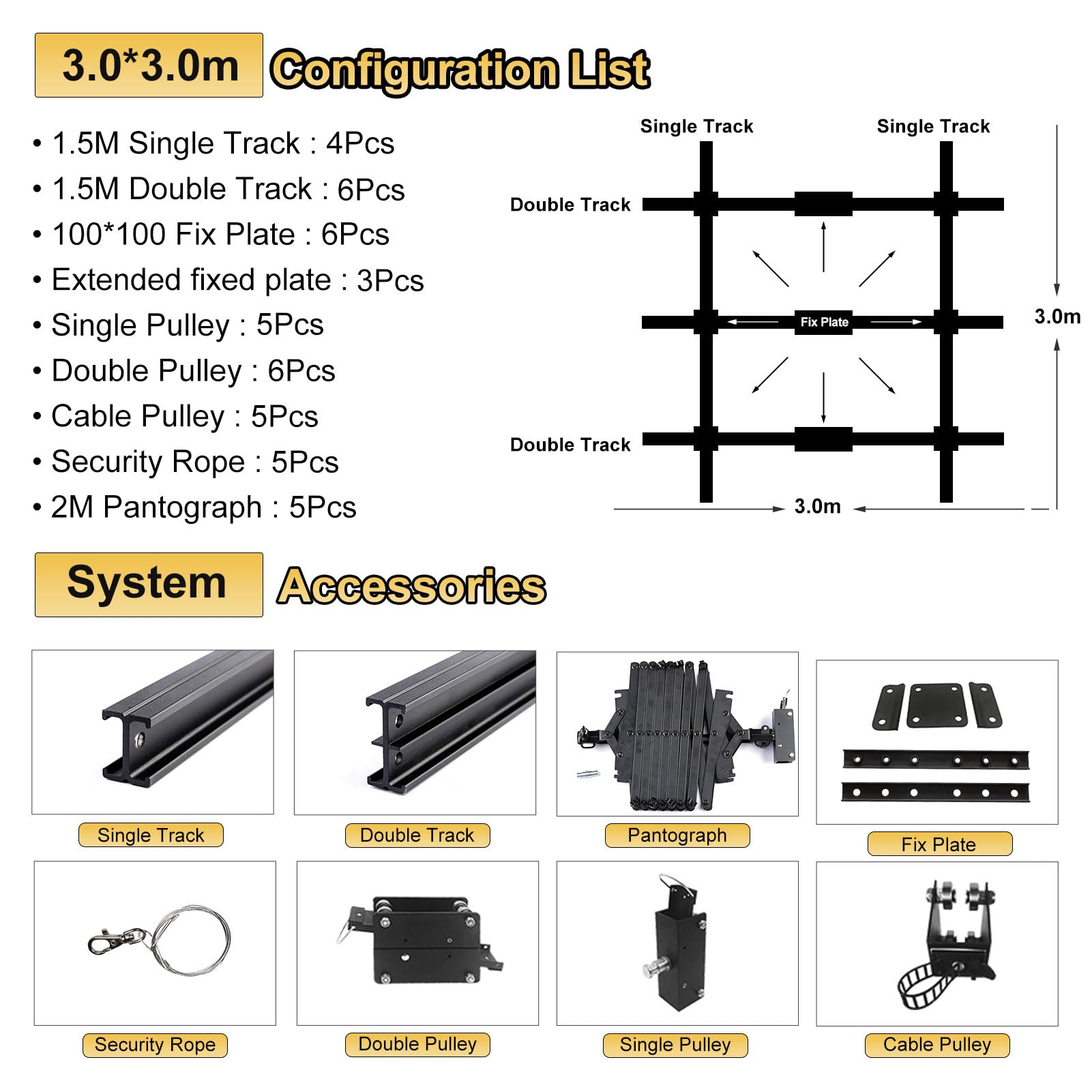 DATOUBOSS 3.0M x 3.0M Sistema di pantografi fotografici Set completo, sistema di binari di supporto per l'illuminazione dello studio da 3.0M, pantografo a caduta 43-200CM (3.0M×3.0M-A)