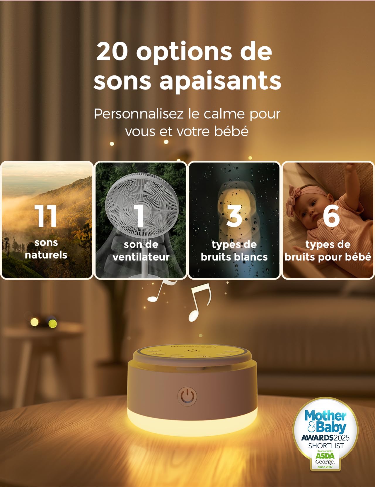 Momcozy Machine à Bruit pour Bébé - 20 sons Apaisants et Lumière Tactile, Portable, Bruit Blanc pour Enfants et Adultes, Minuterie de Sommeil et Rappel | Compagnon de Voyage Idéal (Jaune)