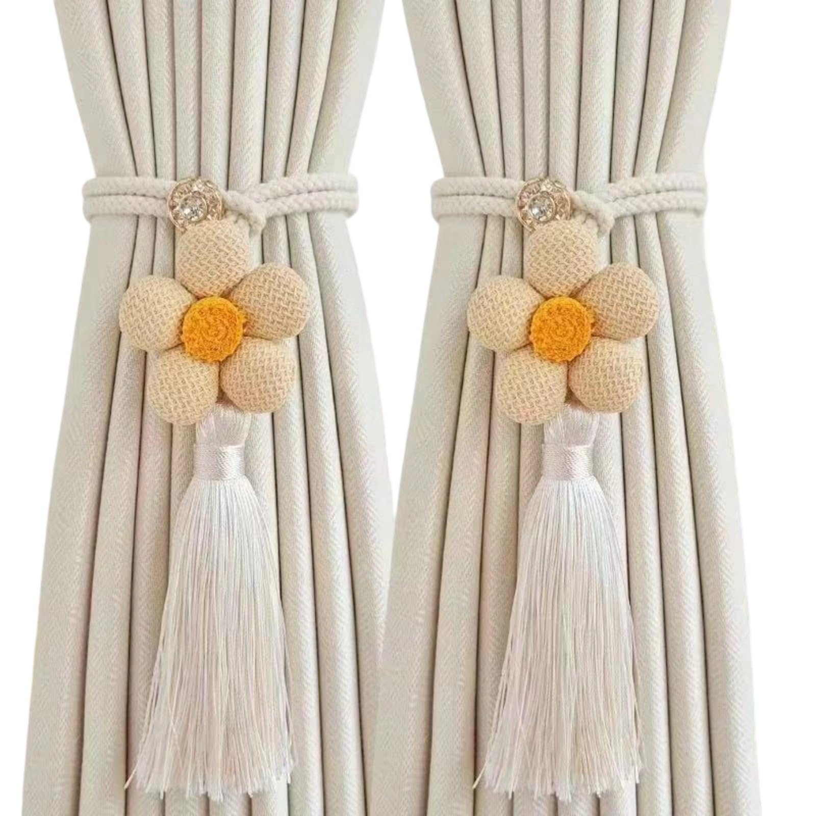 Ljhnba Milk Tea Color Of 2 Curtain Tie Backs Flower Tassels Detailing Braided Rope Drape Holdbacks Ties For Home Offices Window Drapery Elegant Window Decors