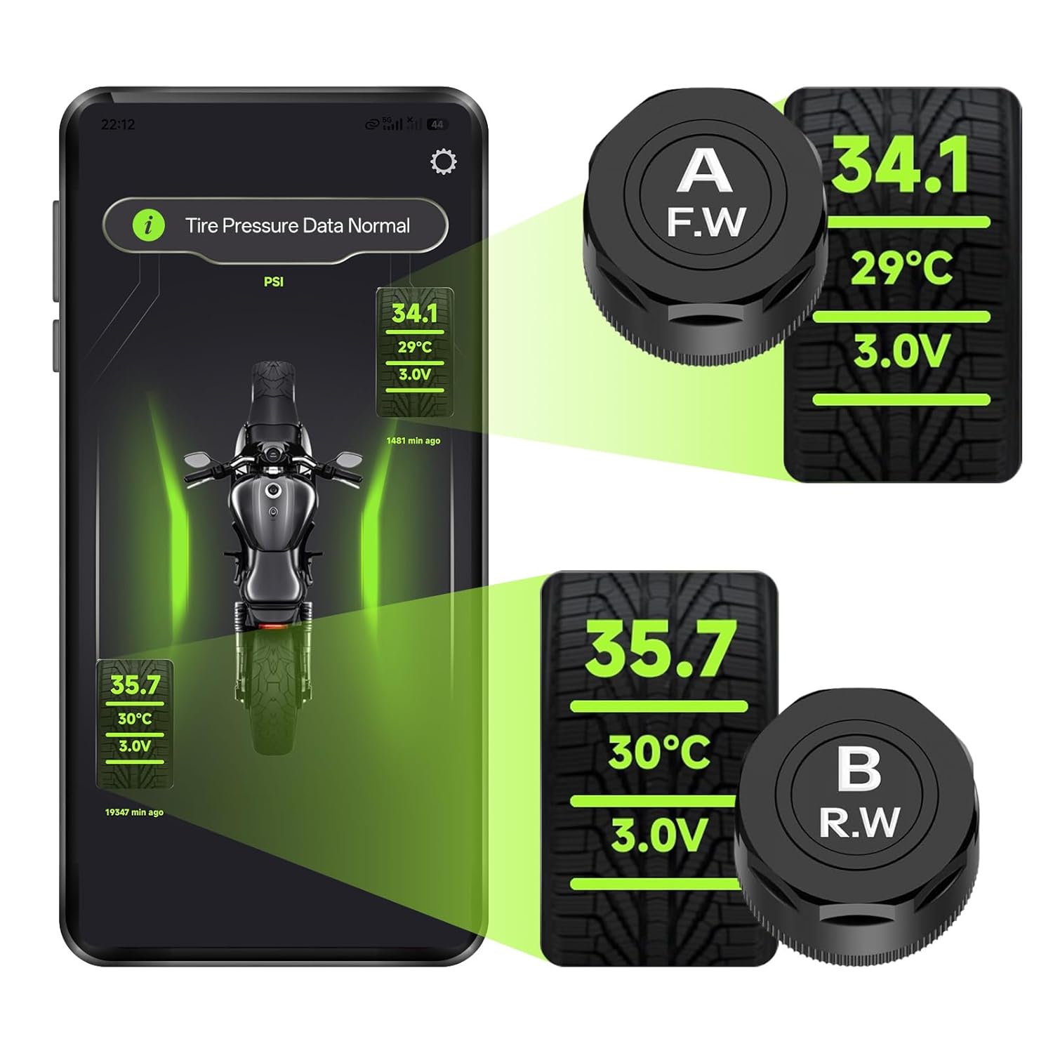 Motorcycle Tire Pressure Monitoring System, Bluetooth 5.0 Connect to Phone APP, Real-Time Tire Pressure & Temperature Display with Alarm, IP67 Waterproof External Sensors for Motorbike Scooter ATV