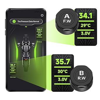 Motorcycle Tire Pressure Monitoring System, Bluetooth 5.0 Connect to Phone APP, Real-Time Tire Pressure & Temperature Display with Alarm, IP67 Waterproof External Sensors for Motorbike Scooter ATV
