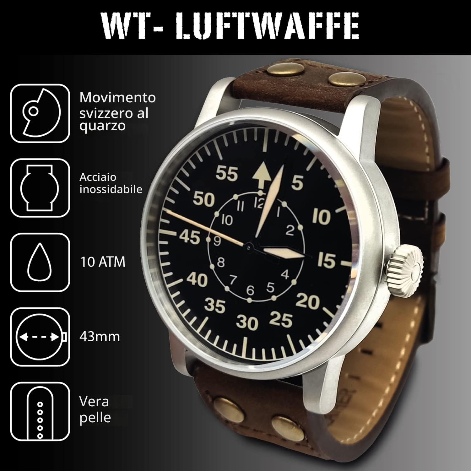 WTI WORLD TIME INTERNATIONAL Orologio militare della seconda guerra mondiale - Orologi Luftwaffe, Movimento al quarzo svizzero con cinturino in pelle e resistenza all'acqua 10 ATM., striscia