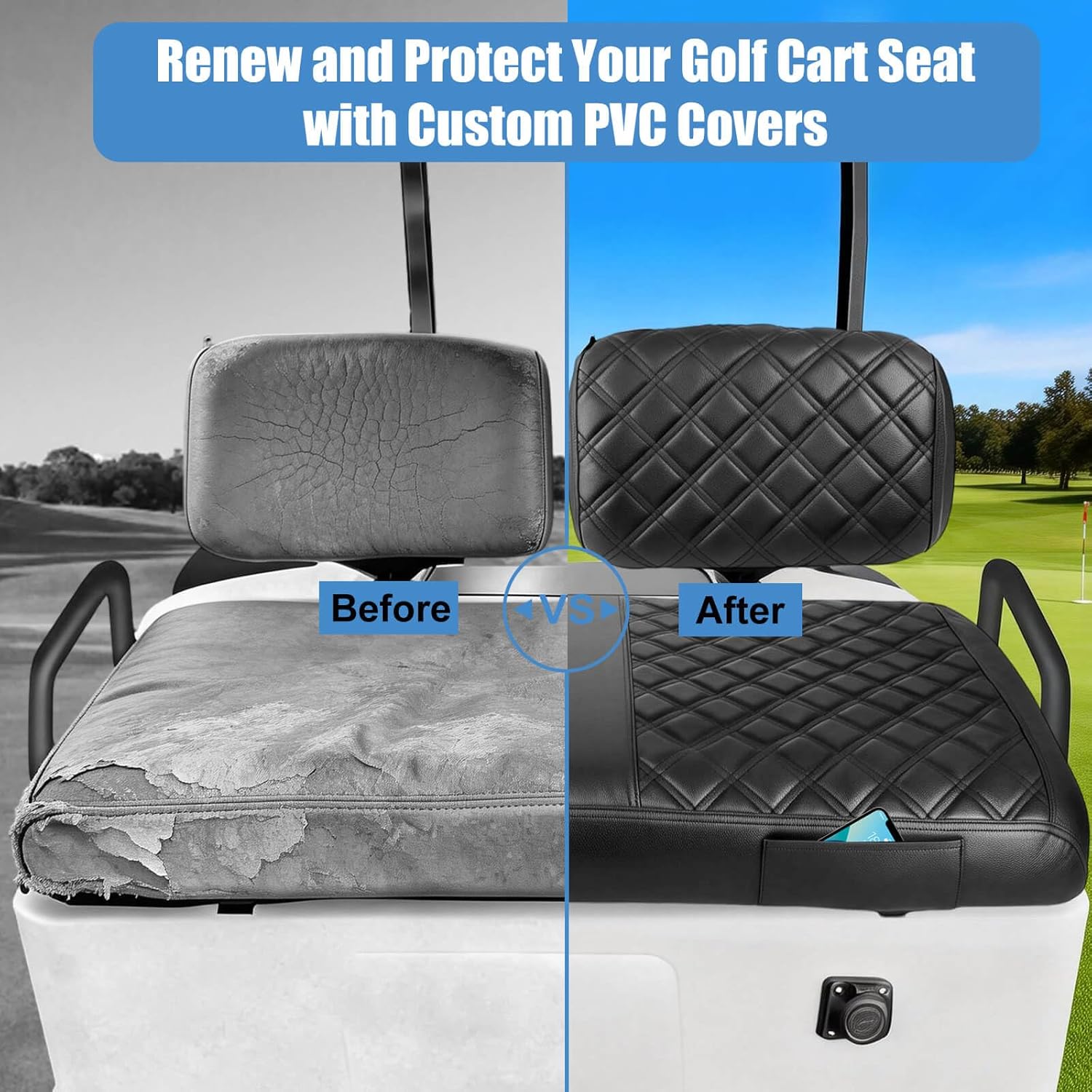 MOSNAI Golf Cart Seat Cover for Yamaha G22 G19 G16 G9 G2, Golf Cart Front Seat Cover Fit OEM Ordinary Seat Cushion, Concave and Convex Design Appearance, Thick Vinyl Leather Comfortable/Breathable