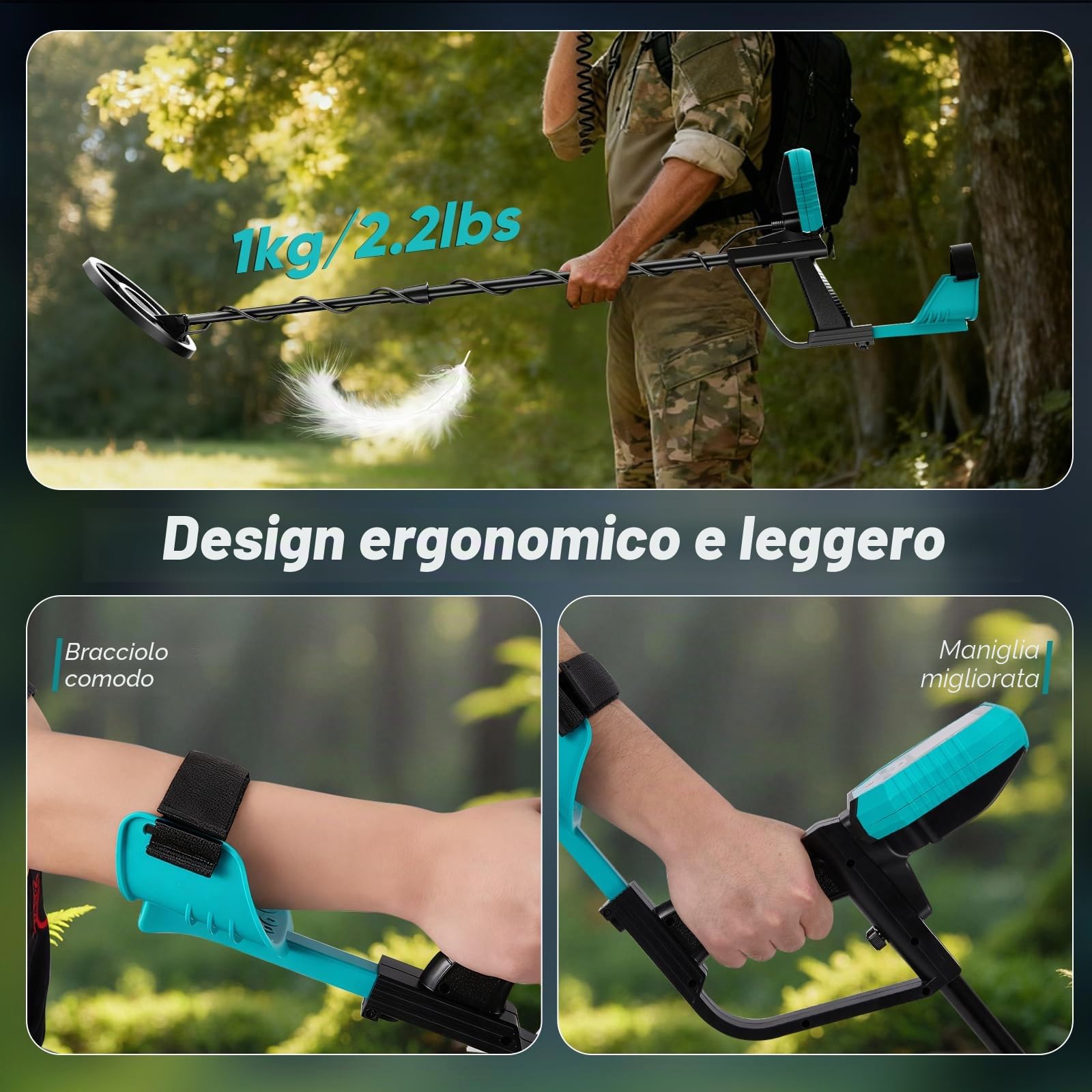 Metal Detector Professionale con Display LCD, Lunghezza Regolabile 106-121 cm, metaldetector professionale con funzione Pinpoint, Bobina Impermeabile IP68 per la caccia al tesoro in spiaggia