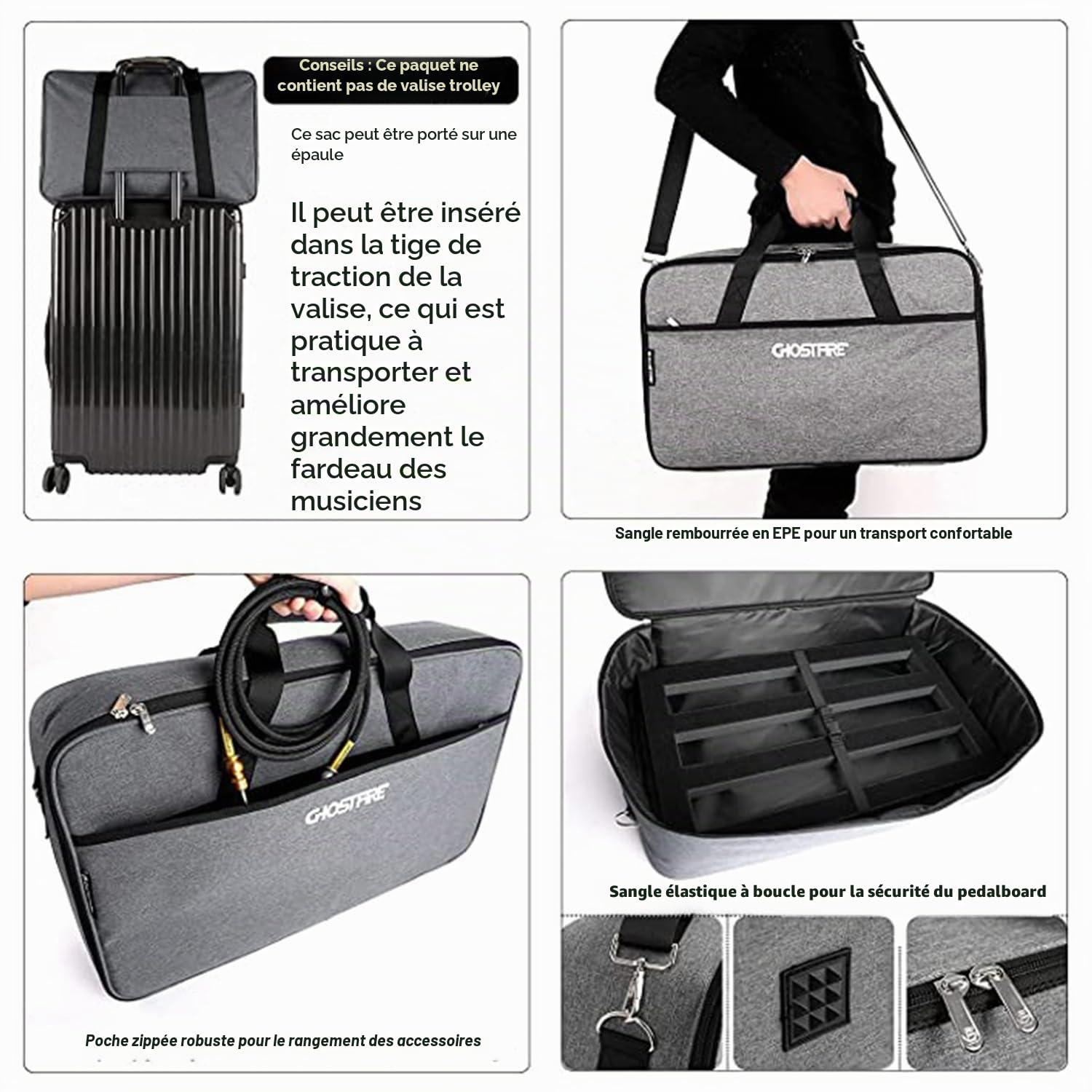 Ghost Fire Pedalboard Guitare, Pédalier de guitare en alliage d'aluminium, 0,8 kg Super Light Effect Pedal board 50 x 30 cm avec sac de transport, SPL-04