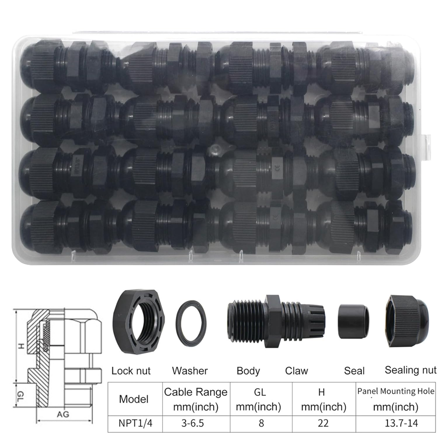Nylon PA66 Cable Glands, Used in Junction Box, Adjustable Locknut, Cable Gland Connector Waterproof(3/8"NPT, Black,16PCS)