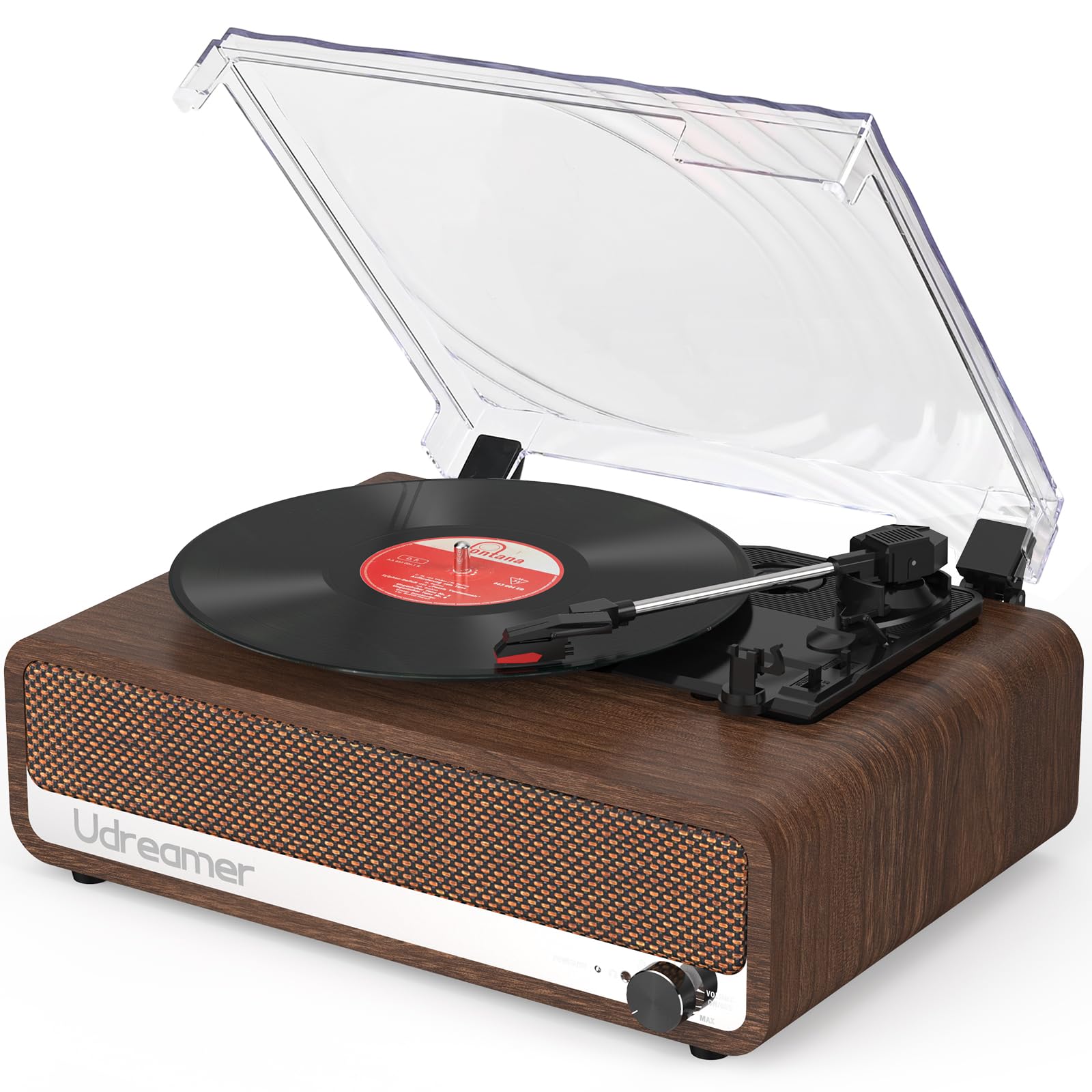 Udreamer Plattenspieler mit Lautsprecher Bluetooth Plattenspieler Vintage Vinyl Player Unterstützt USB AUX-Eingang Kopfhörer RCA Line-Out 3 Geschwindigkeiten Riemenantrieb Spiegeldesign Nussbaum