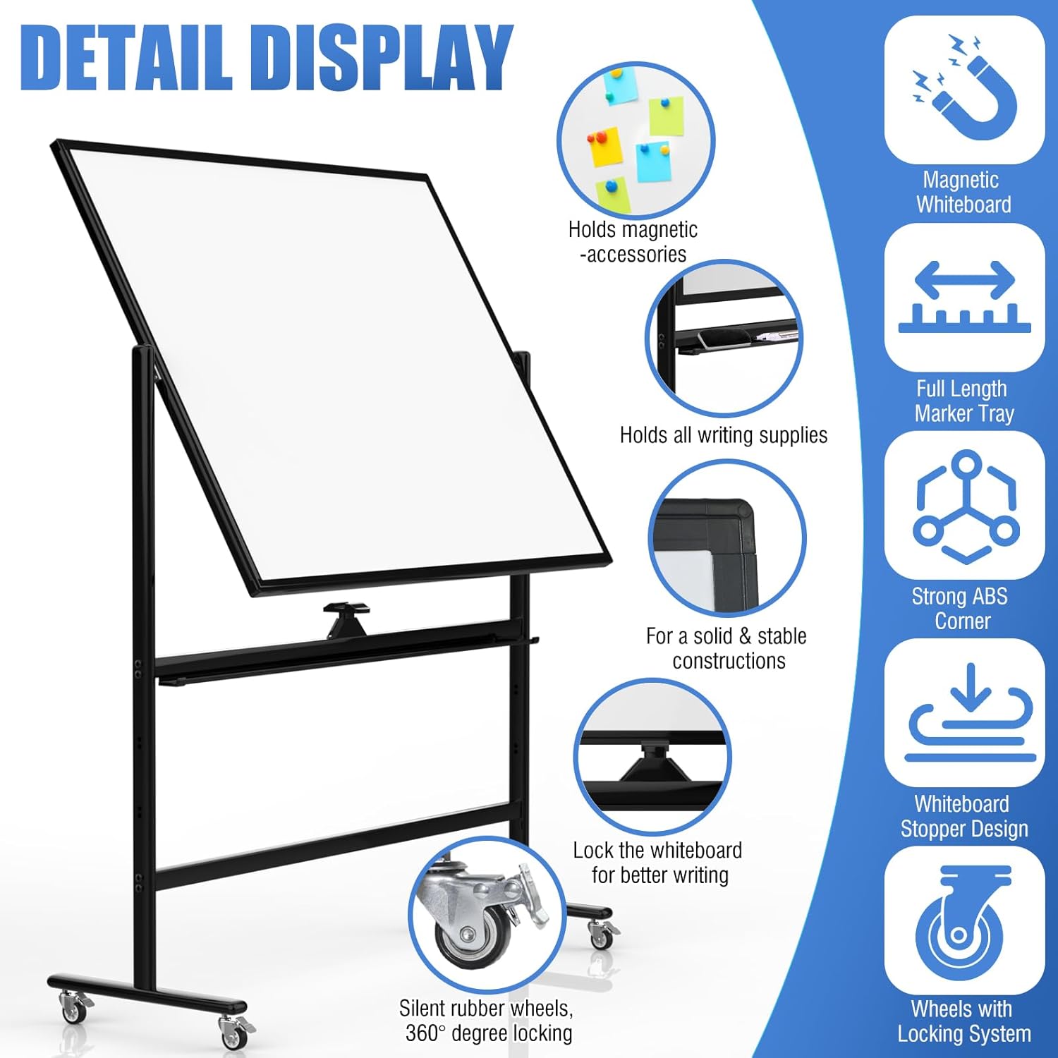 Rolling Whiteboard 48x36, Double Sided Dry Erase Board with Stand, Magnetic Mobile White Board with Wheels for Office & Classroom and Home