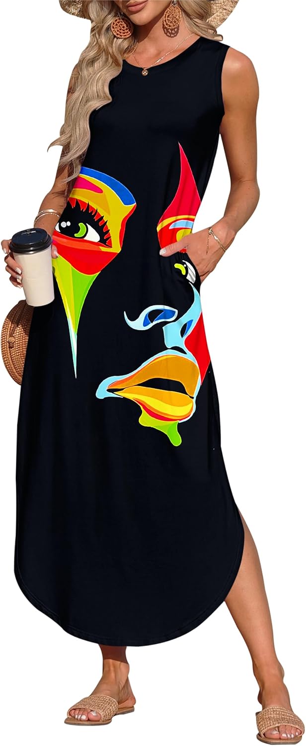 AUSELILY Womens Summer Dresses 2025 Casual Sleeveless Maxi Dress Loose Crewneck Sundresses Split Long Tank Dress with Pockets