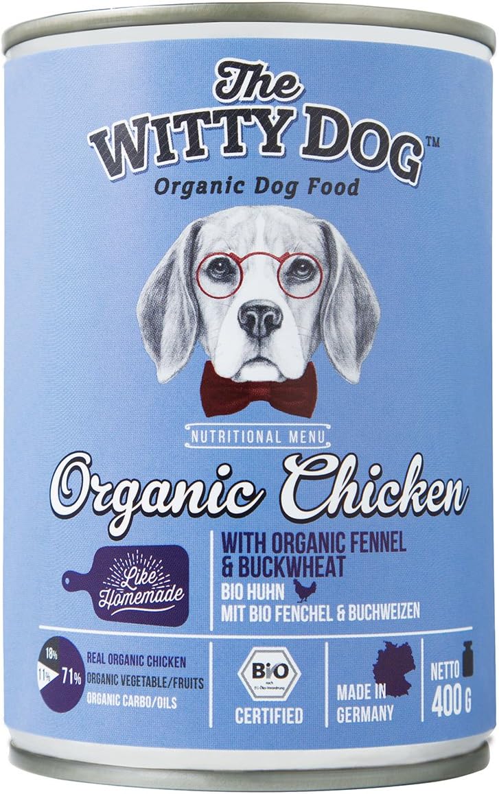 The Witty Dog 100% Organic Wet Dog Food, Complete Menu: Chicken With Fennel & Buckwheat, Tins 6x400 Gr. (Puppy, Adult, Senior Dogs)