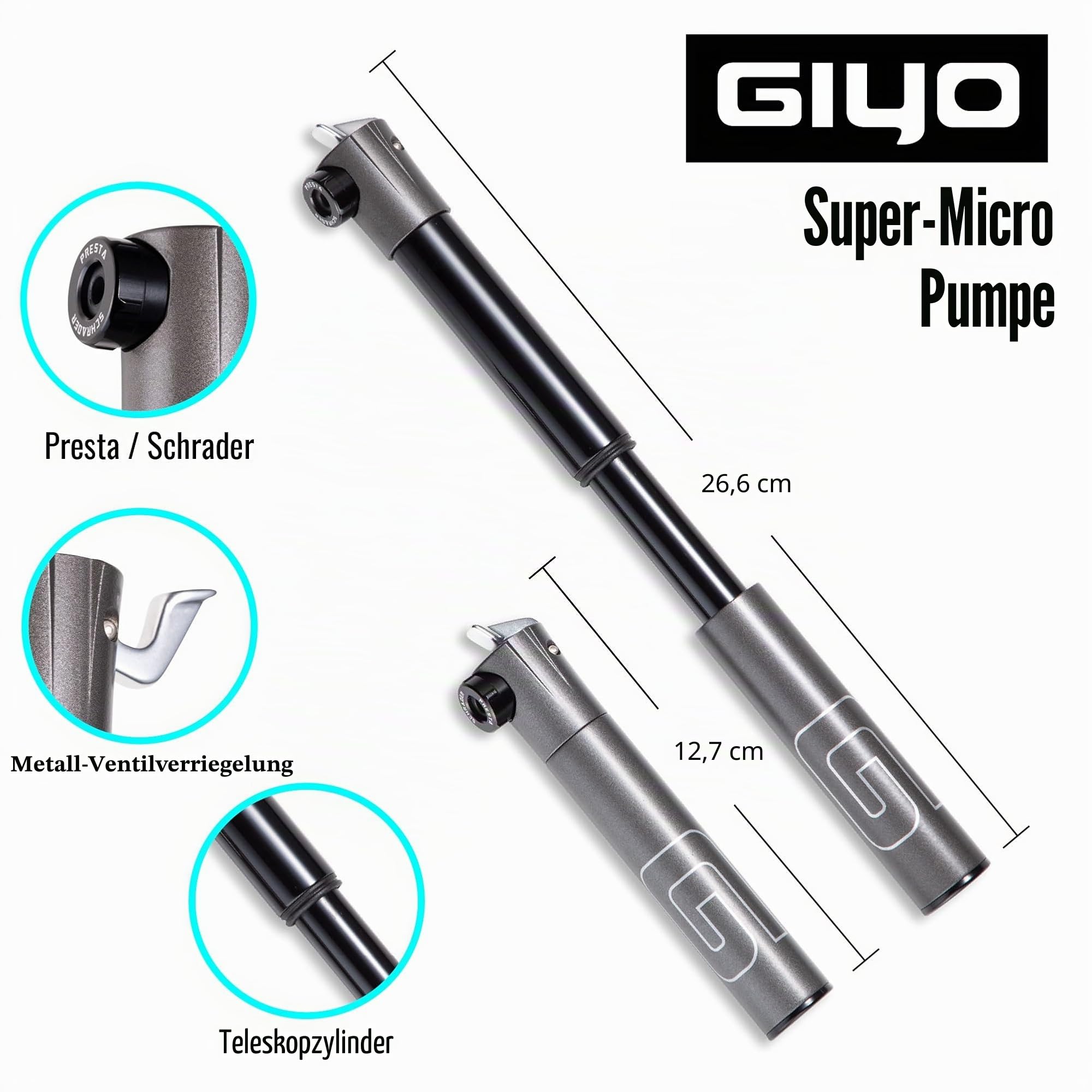GIYO Super Micro Fahrradreifenpumpe, aus Metall, kleinste Pumpe, erhältlich mit Teleskoppumpe für MTB (80 PSI), hohe Volumen, Presta- und Schrader-Ventil, hergestellt in Taiwan (GM-043LT)