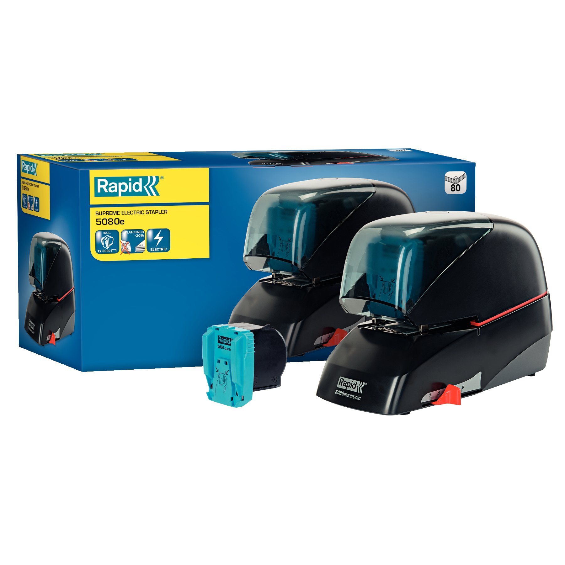 Rapid Elektro-Flachheftgerät, 80 Blatt, Kunststoff, Metall, Elektronik, Kassettenaustausch, Inkl. einer Kassette mit 5000 Klammern, 5080e, Schwarz, 20993410